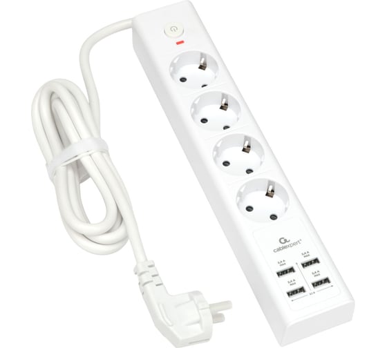 Сетевой фильтр Cablexpert exnovo, 4р, 16а, 4хusb, 3.4a, 2м, ур.защиты 4+, белый, коробка, EXN-4-U4-W-2