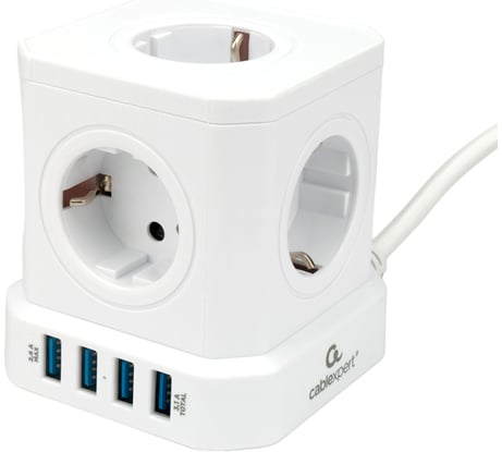 Сетевой фильтр Cablexpert tower, 5р, 10а, 4хusb, 3.1а, 2м, ур.защиты 4+, белый, коробка, TWR-5-U4-W-2