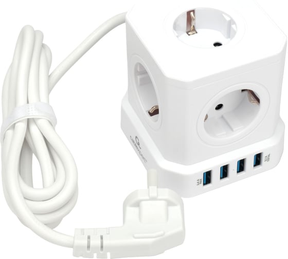Сетевой фильтр Cablexpert tower, 5р, 10а, 4хusb, 3.1а, 2м, ур.защиты 4+, белый, коробка, TWR-5-U4-W-2