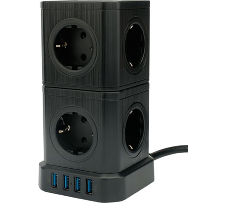 Сетевой фильтр Cablexpert tower, 9р, 16а, 4хusb, 3.1а, 2м, ур.защиты 4+, черный, коробка, TWR-9-U4-B-2