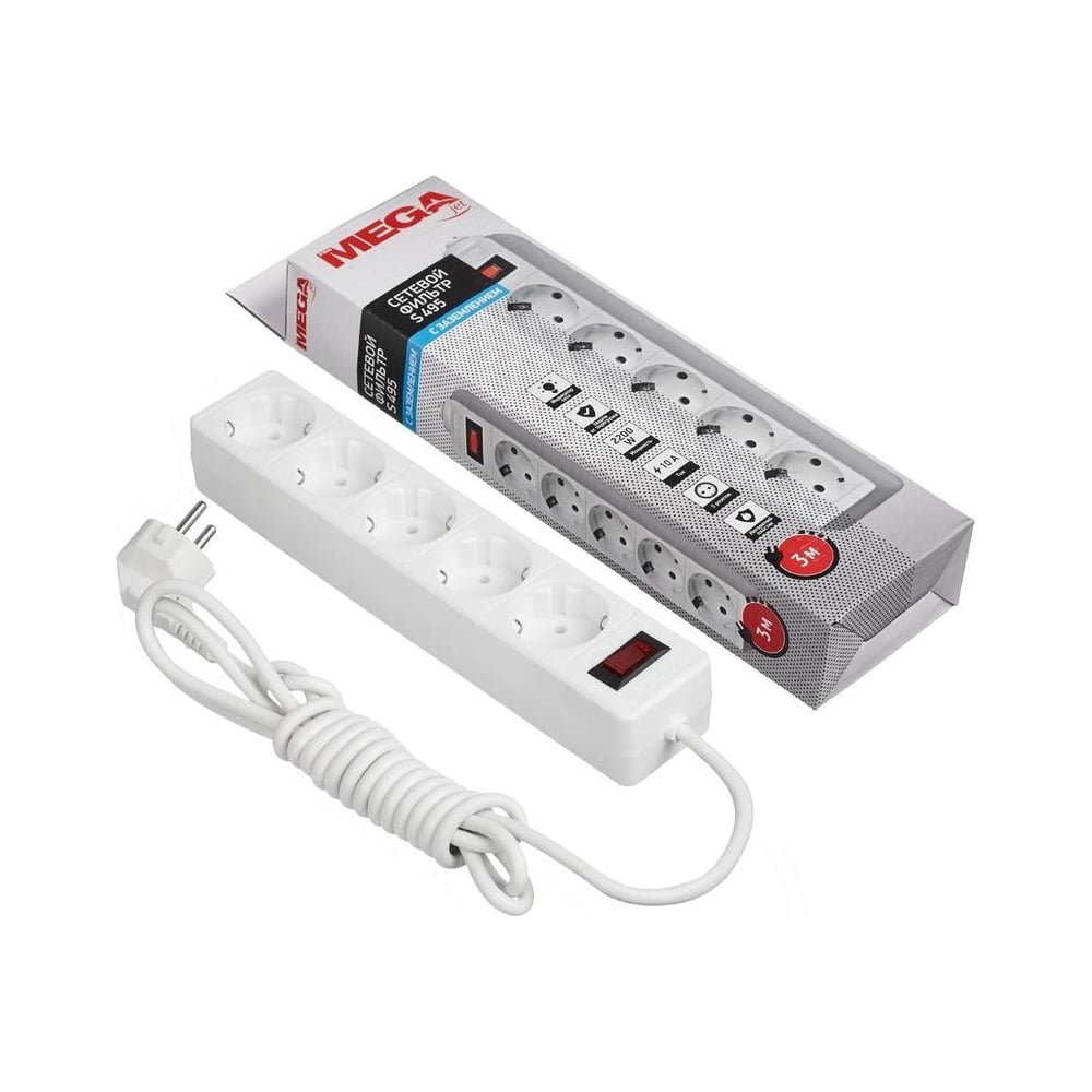 Сетевой фильтр ProMega 5/3м, с заземлением, 10а, 2200 вт, автомат ...
