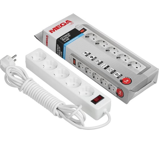 Сетевой фильтр ProMega 5/5м, с заземлением, 10а, 2200 вт, автомат предохранитель, белый 747496