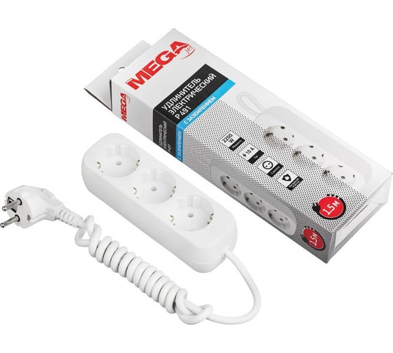 Удлинитель ProMega 3 розетки, с заземлением, 1,5м, 10а, 2200 вт, белый 747491 1