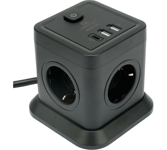 Сетевой фильтр Cablexpert Tower 4р, 10А, 1xType-C PD, 20Вт, 2хUSB, 2м, ур.защиты 2+, черный, коробка TWR-4-CU2-B-2