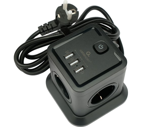 Сетевой фильтр Cablexpert Tower 4р, 10А, 3xUSB, 3.1А, 2м, ур.защиты 2+, черный, коробка TWR-4-U3-B-2