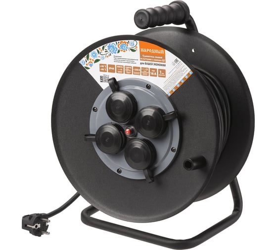 Силовой удлинитель TDM ELECTRIC ухз16-004 металлическая катушка, а3, 4 места, ip44, 40 м, кг, 3500 вт, народный SQ1307-0161