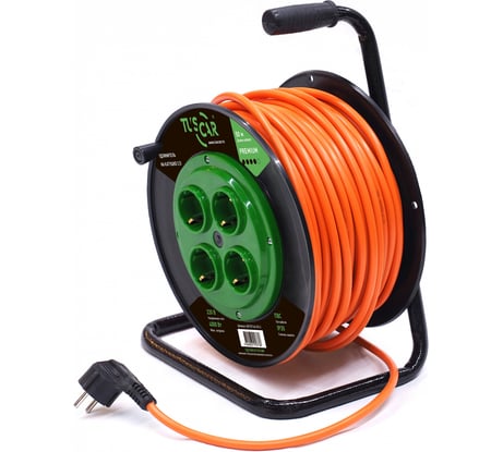 Электрический силовой удлинитель TUSCAR 50м, 4 розетки, на пласт. катушке, с/з пвс 3x2,5, 4квт 401331144-50-2