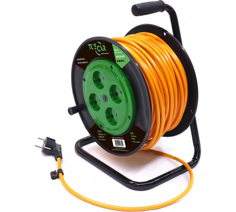 Электрический силовой удлинитель TUSCAR 50м, 4 розетки, на пласт. катушке, б/з пвс 2x2,5, 4квт 401330544-50-2