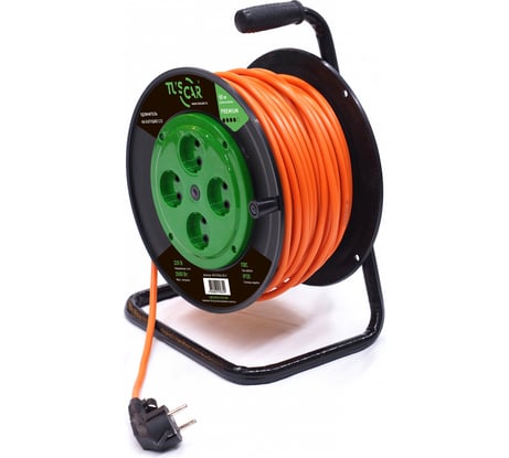 Электрический силовой удлинитель TUSCAR 50м, 4 розетки, на пласт. катушке, с/з пвс 3x1,5, 3,5квт 401331044-50-2