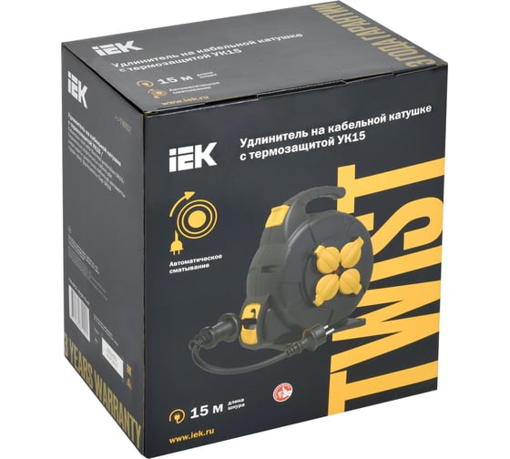 Удлинитель IEK Twist катушка ук15 2p+pe/15м, 3x1,5мм2, КГ, автосмотка, ip44 TW-KP27-16-04-15-44