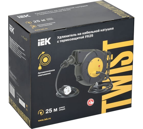 Удлинитель IEK Twist катушка ук25 1место, 2p+pe/25м+2м, 3x1,5мм2, автосмотка TW-KP27-16-01-25-02