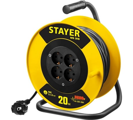 Удлинитель на катушке Stayer MS 315, 20 м, 3500 Вт, заземление, 4 гнезда, ПВС 3x1,5 кв мм, 55078-20