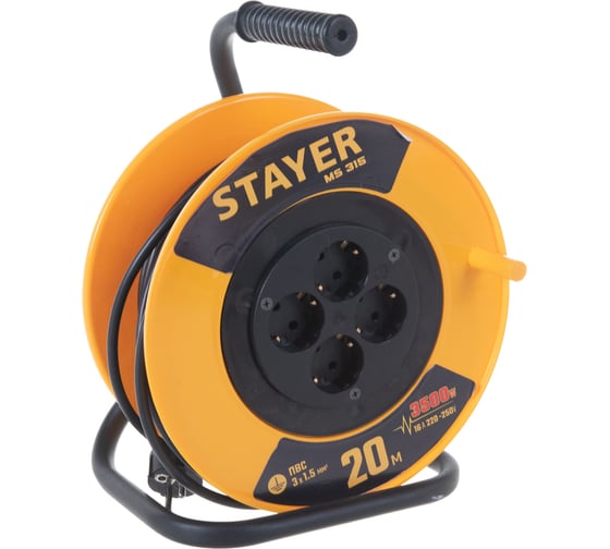 Удлинитель на катушке Stayer MS 315, 20 м, 3500 Вт, заземление, 4 гнезда, ПВС 3x1,5 кв мм, 55078-20