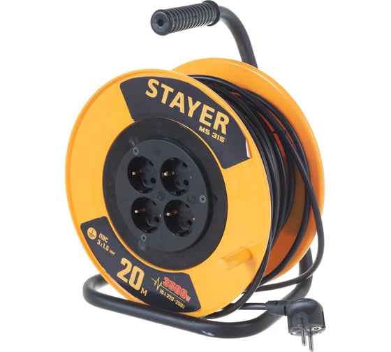 Удлинитель на катушке Stayer MS 315, 20 м, 3500 Вт, заземление, 4 гнезда, ПВС 3x1,5 кв мм, 55078-20