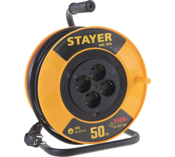 Удлинитель на катушке Stayer MS 315, 50 м, 3500 Вт, заземление, 4 гнезда, ПВС 3x1,5 кв мм, 55078-50