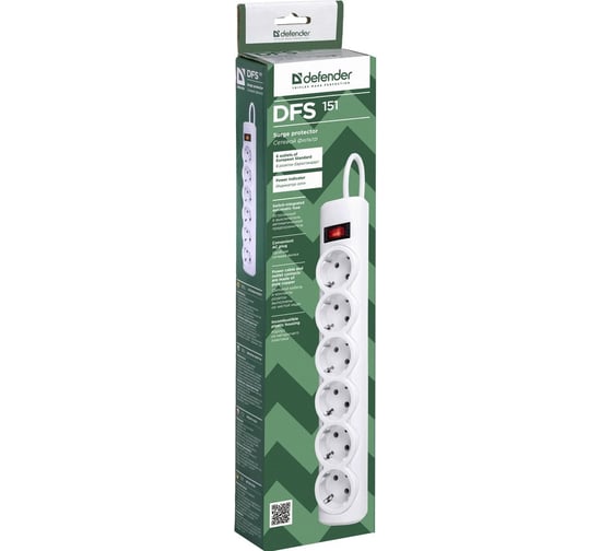 Сетевой фильтр Defender DFS 151 1,8 м, белый, 6 розеток 99489