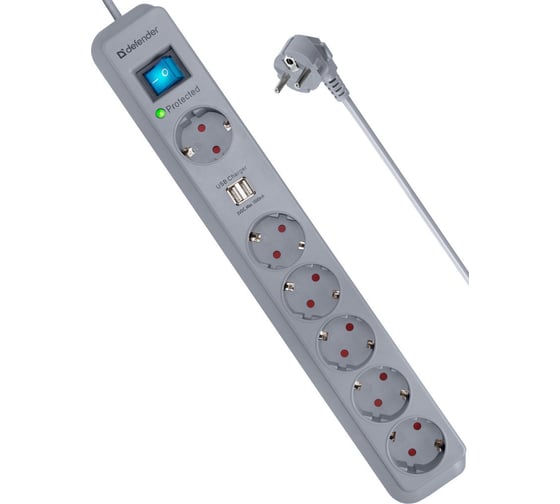 Сетевой фильтр Defender DFS 501 2,0м, 2 USB-порта, 6 розеток 99051