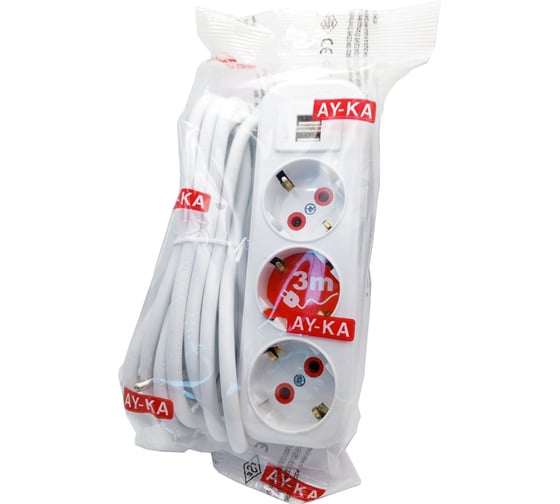 3-местный удлинитель AY-KA с заземлением, с USB, 3м, ПВС 3x1 мм 7730203