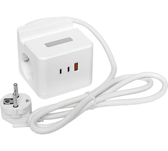 Удлинитель EKF "Куб" 2 гнезда USB + 2Type C с быстрой зарядкой, подставкой под телефон и ночником 1,3 метра 1мм2 UBA-CUB-2-FC