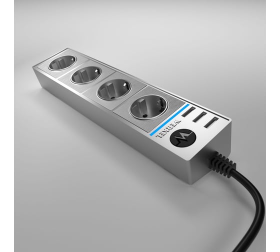 Розеточный блок 4-х местный + 3 USB WERKEL W6514945 серебряный рифленый a051458
