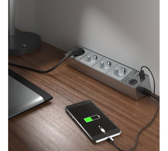 Розеточный блок 4-х местный + 3 USB WERKEL W6514945 серебряный рифленый a051458