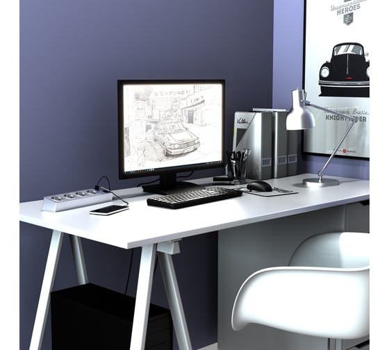 Розеточный блок 4-х местный + 3 USB WERKEL W6514945 серебряный рифленый a051458