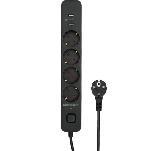 Сетевой фильтр 2.0 мультипорт, 4р, 10а, 3xusb, 2м, ур.защиты 2+, черный, пакет, Гарнизон EPS-4-U3-B-2