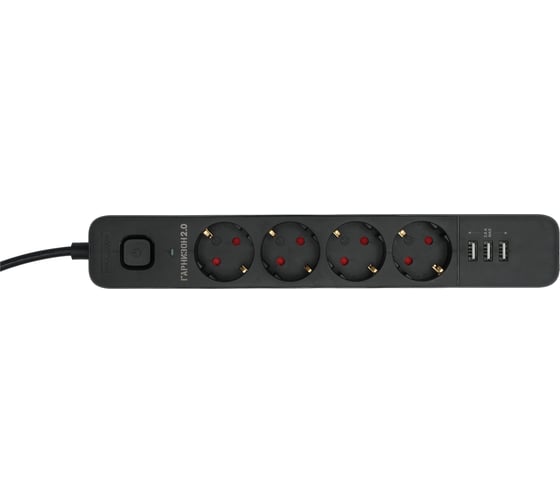 Сетевой фильтр 2.0 мультипорт, 4р, 10а, 3xusb, 2м, ур.защиты 2+, черный, пакет, Гарнизон EPS-4-U3-B-2