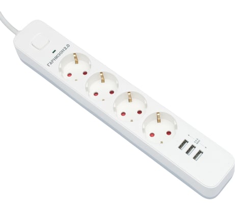 Сетевой фильтр Гарнизон 2.0 мультипорт, 4р, 10а, 3xusb, 2м, ур.защиты 2+, белый, пакет, EPS-4-U3-W-2