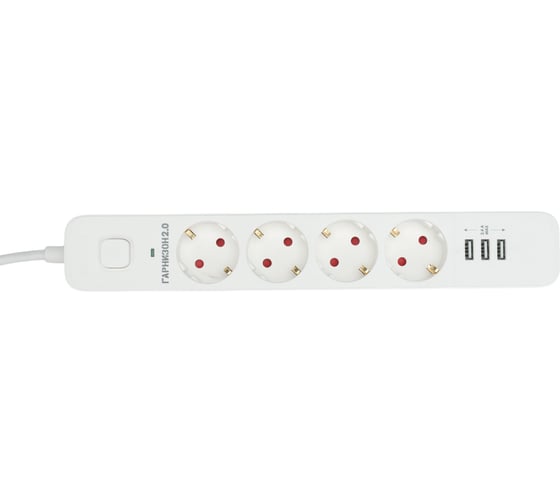 Сетевой фильтр Гарнизон 2.0 мультипорт, 4р, 10а, 3xusb, 2м, ур.защиты 2+, белый, пакет, EPS-4-U3-W-2