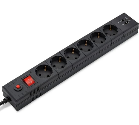 Сетевой фильтр BURO BU-SP5_USB_2A-B 5м (6 розеток) черный (коробка) 992320 1