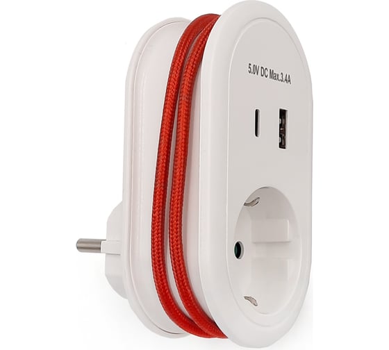 Адаптер с розеткой ООО "ОПТИКОМ ЭЛЕКТРИК" 16a, usb + type c 3,4а и встроенным кабелем type c 2,4а 1284.1201