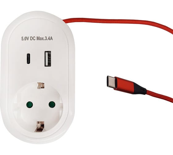 Адаптер с розеткой ООО "ОПТИКОМ ЭЛЕКТРИК" 16a, usb + type c 3,4а и встроенным кабелем type c 2,4а 1284.1201