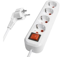 Четырехместный удлинитель STEKKER hm07-41-03  с заземлением, с выключателем, 3x1мм2, 3м, серия home (у16а-003), белый 49359