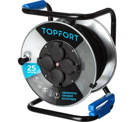 Удлинитель Topfort КГ 3x2.5 кв.мм. 25м 16А 4 гнезда с/з., с/загл. IP44 1883719