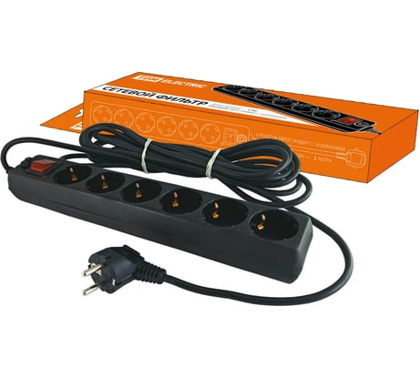 Сетевой фильтр TDM ELECTRIC удлинитель с выключателем СФ-06В, 6 гнезд, 3 метра, с заземлением, ПВС 3х1мм2 16А/250В черный SQ1304-0012