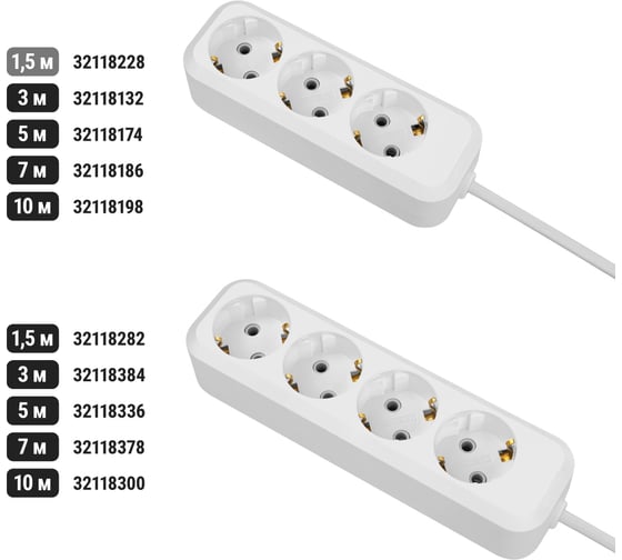 Удлинитель сетевой TDM ELECTRIC 3 розетки, 1,5 метра, с заземлением, 16А, 3680Вт, белый, SQ1303-1400