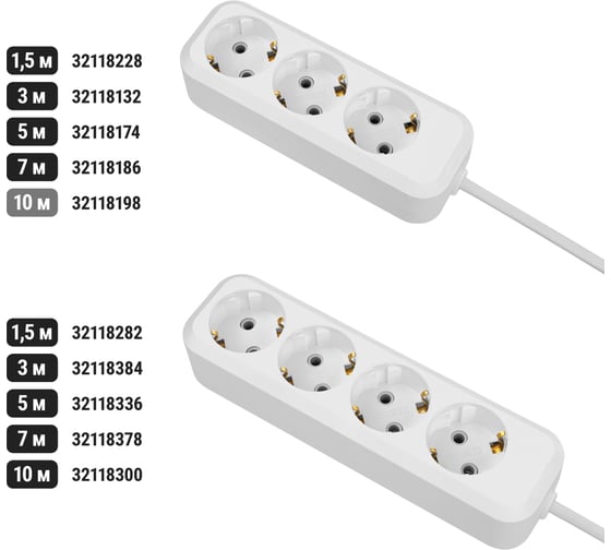 Удлинитель сетевой TDM ELECTRIC 3 розетки, 10 метров, с заземлением, 16 А, 3680 Вт, белый, SQ1303-1404