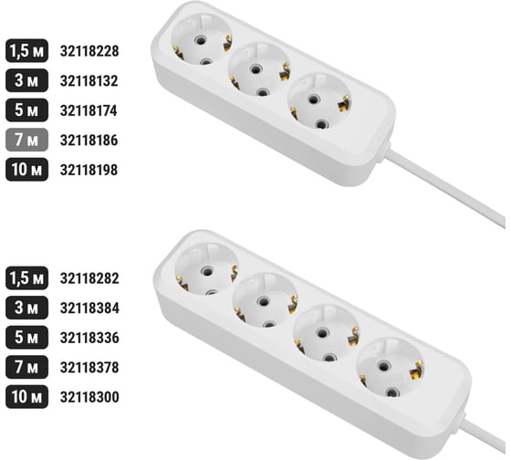 Удлинитель сетевой TDM ELECTRIC 3 розетки, 7 метров, с заземлением, 16 А, 3680 Вт, белый, SQ1303-1403