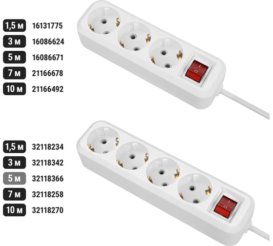 Удлинитель сетевой TDM ELECTRIC с выключателем, 4 розетки, 5 метров, с заземлением, 10А, 2300Вт, белый, SQ1303-1107