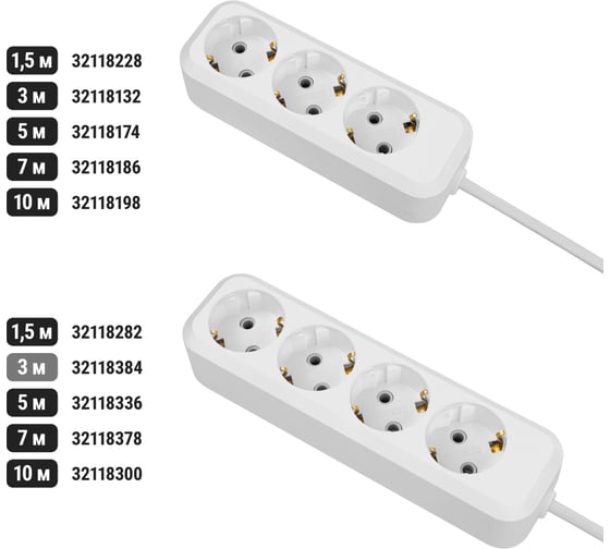 Удлинитель сетевой TDM ELECTRIC 4 розетки, 3 метра, с заземлением, 16 А, 3680 Вт, белый, SQ1303-1406