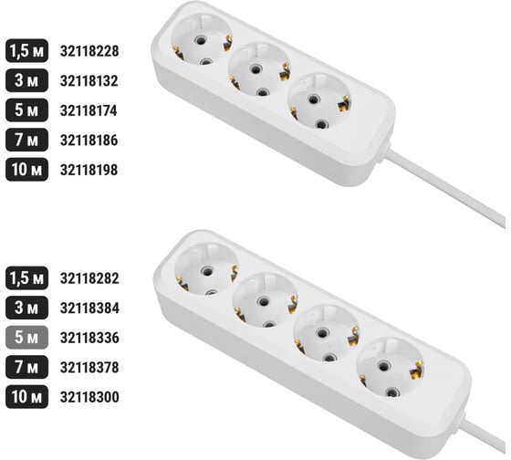 Удлинитель сетевой TDM ELECTRIC 4 розетки, 5 метров, с заземлением, 16 А, 3680 Вт, белый, SQ1303-1407