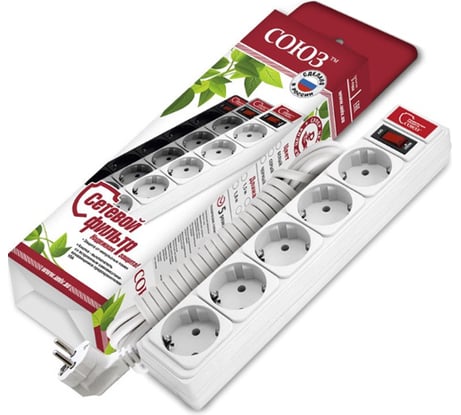 Сетевой фильтр СОЮЗ ПВС 3*0,75, 5м, белый, премиум упаковка 1327.