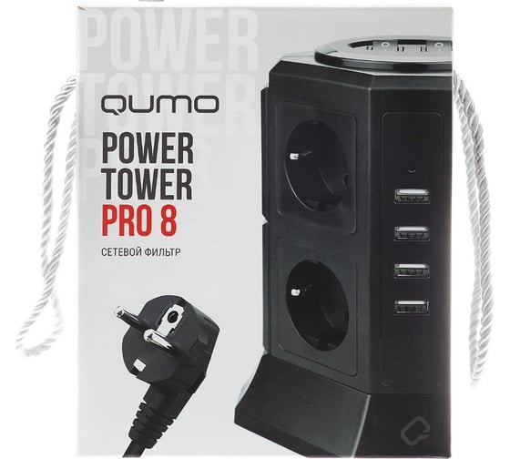 Сетевой фильтр QUMO Power Tower Pro 8SP4U P-0002, 8 розеток, 2200 Вт, 10A, кабель 2м 3*1 мм чистая медь, пожаробезопасный пластик, евровилка, 4 USB порта 4.5A суммарно 30557