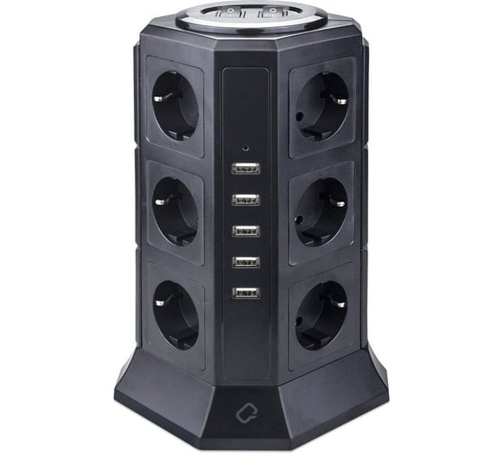 Сетевой фильтр QUMO Power Tower Pro 12SP5U P-0001 , 12 розеток, 2200 Вт, 10A, кабель 2м 3*1 мм чистая медь, пожаробезопасный пластик, евровилка, 5 USB портов 4.5A суммарно 30556