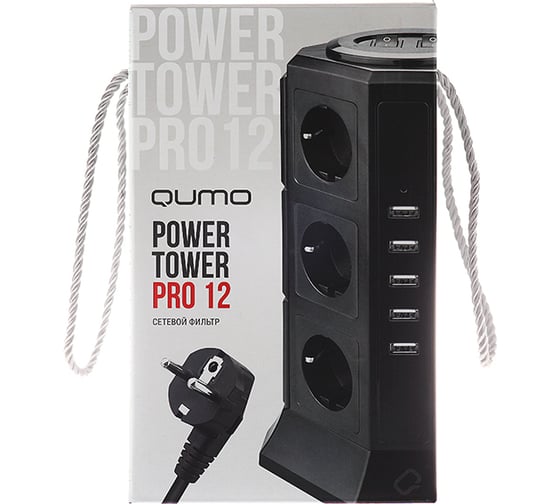 Сетевой фильтр QUMO Power Tower Pro 12SP5U P-0001 , 12 розеток, 2200 Вт, 10A, кабель 2м 3*1 мм чистая медь, пожаробезопасный пластик, евровилка, 5 USB портов 4.5A суммарно 30556