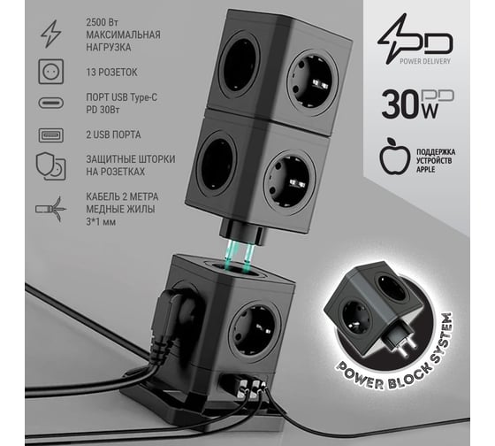 Сетевой фильтр QUMO Power Block System PD1+2 12SP5U P-0003, 13 розеток, 2500 Вт, 10A, кабель 2м 3*1 мм чистая медь, пожаробезопасный пластик, евровилка, 2 USB порта 2,4A + USB-C 30W 42089