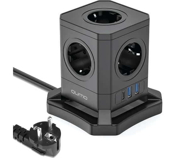Сетевой фильтр QUMO Power Block System PD1 12SP5U P-0003, 5 розеток, 2500 Вт, 10A, кабель 2м 3*1 мм чистая медь, пожаробезопасный пластик, евровилка, 2 USB порта 2,4A + USB-C 30W 42087