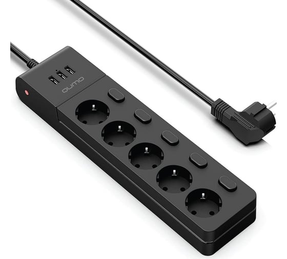 Сетевой фильтр QUMO Power Bar PRO 6SP4U P-0006, 5 независимо отключаемых розеток, 2500 Вт, 10A, кабель 2м 3 мм чистая медь, пожаробезопасный пластик, евровилка, 3 USB порта 3,1A суммарно 42091