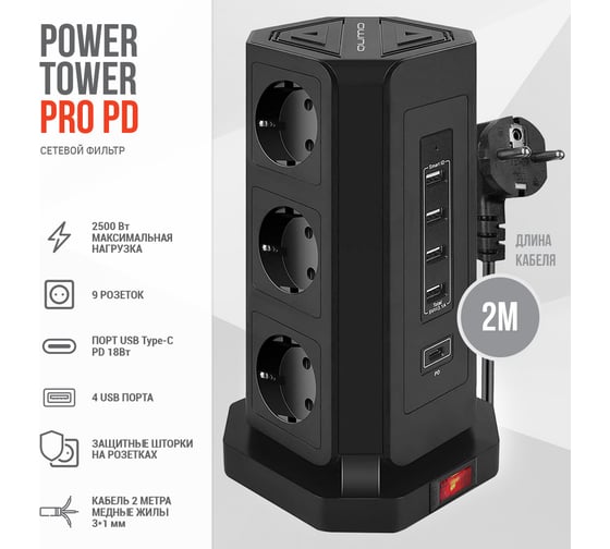 Сетевой фильтр QUMO Power Tower PRO PD 8SP4U P-0004, 9 розеток, 2500 Вт, 10A, кабель 2м 3*1 мм чистая медь, пожаробезопасный пластик, евровилка, 4 USB порта 3,1A + USB-C 18W 42086